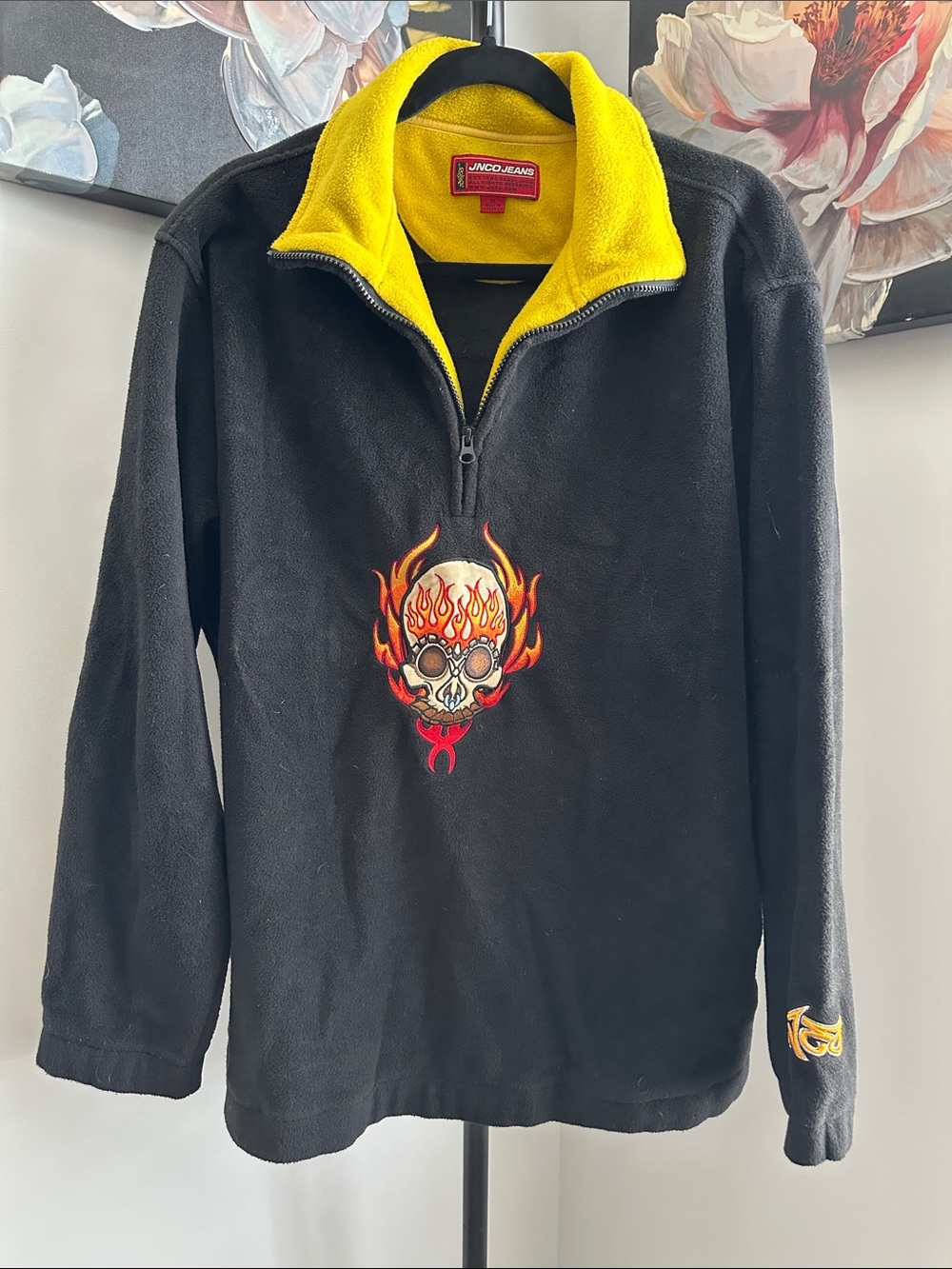 JNCO Vintage Black Fleece Embroidered Flame Skull